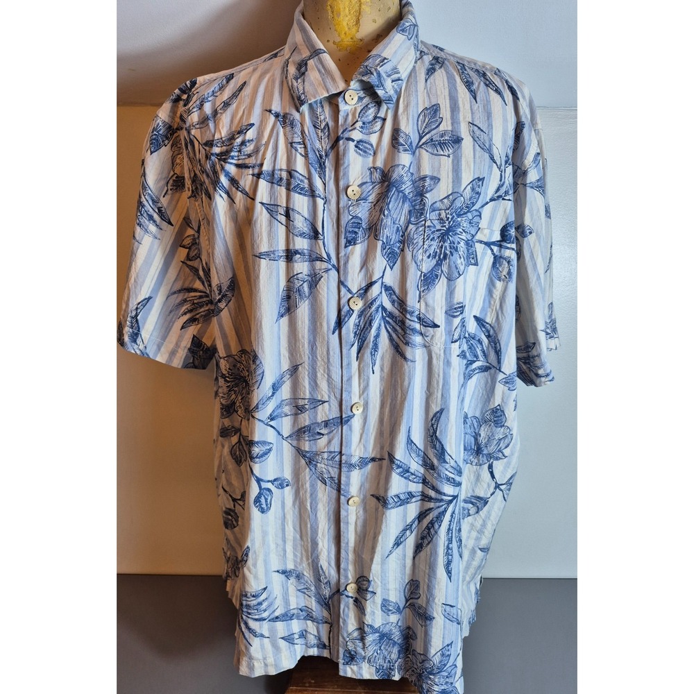 Tommy Bahama Mens Hawaiian Camp Shirt Blue White Floral 3XL Cotton Silk Blend